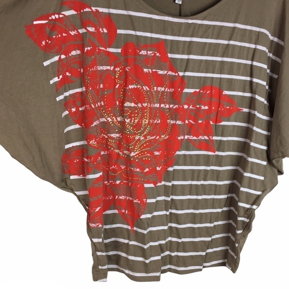 CACHE Top Blouse Stripe Floral Batwing Sleeves Tan White Orange Size Medium - Picture 3 of 10